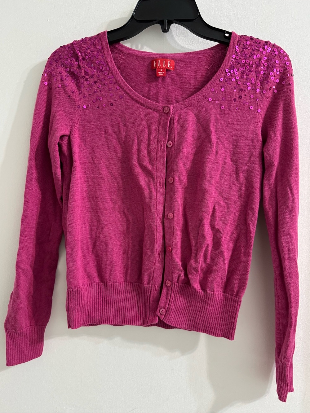 Womens Fuchsia Sequin Shoulder Button-Front Sweater | Size S